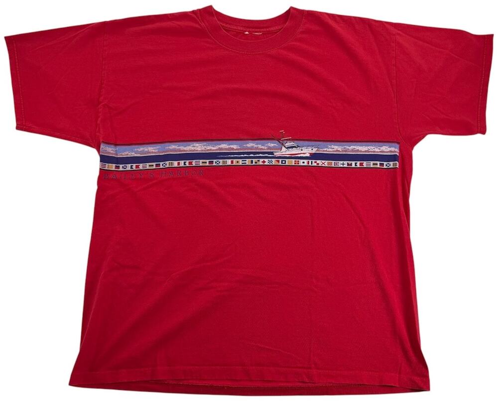 Vintage 90s Bailey's Harbor Ocean Yacht AOP Men's Large Red Boating T-Shirt